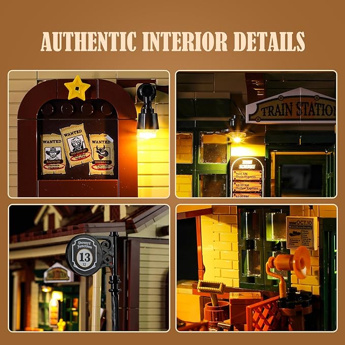 FUNWHOLE Wild West Train Station Lighting Building-Bricks Set - 1975 Pcs Collectible Train Playset for Adults and Teens