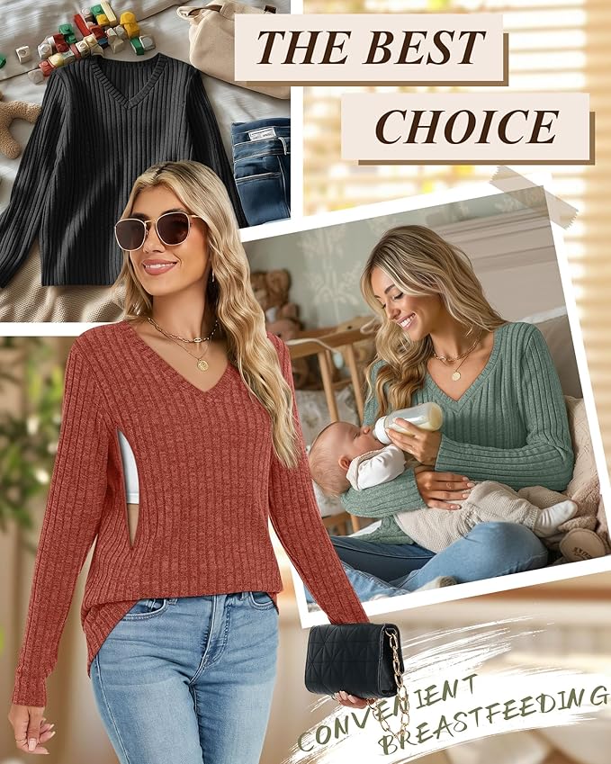 3 Pack Women's Maternity Nursing Tops, V Neck Breastfeeding Sweaters Long Sleeve Hidden Zipper Shirts