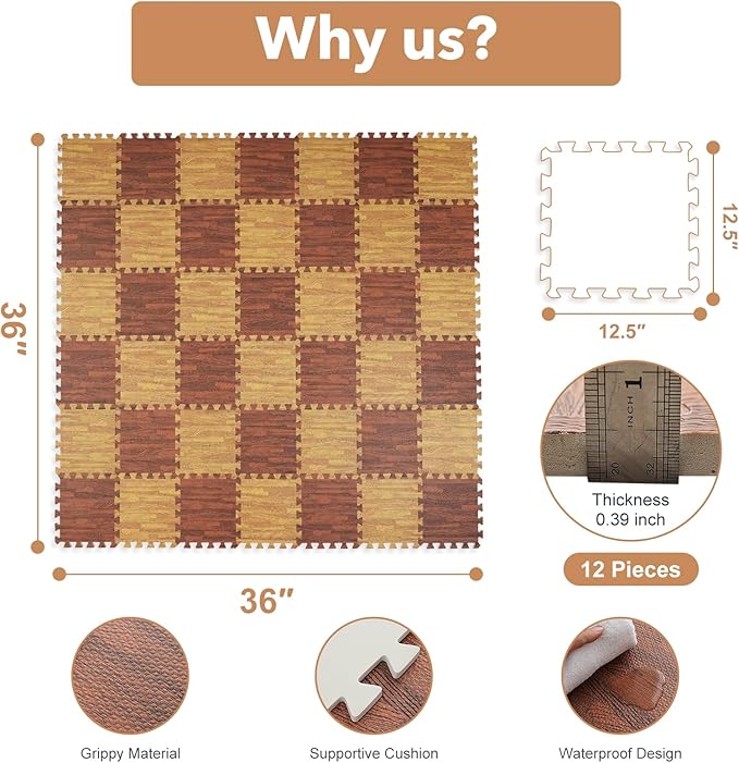 Skyweaver 24 Tiles Soft Non-Toxic Baby Play Mat for Floor EVA Foam Jigsaw Puzzle Play Mat, Interlocking Squares with 0.6inch for Babies, Toddlers & Kids Gym, Nursery, Playroom,Brown