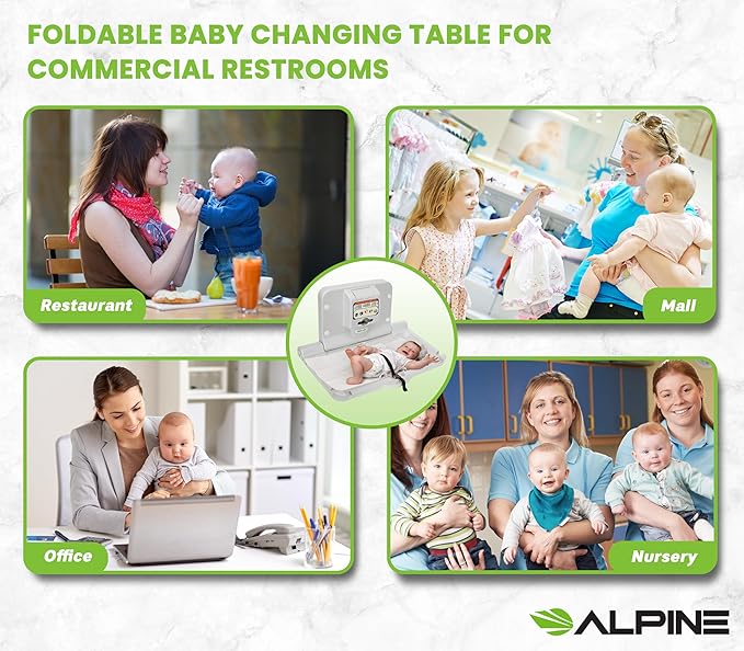 Alpine Wall Mounted Baby Changing Station - Horizontal Baby Changing Table Foldable Diaper Tables with Safety Strap for Commercial Bathroom, ADA Complaint (Hardware Included) White Gray