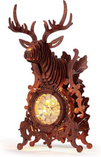LED 3D Wood Puzzle Deer Clock, 3D Wooden Puzzle Elk Clock Building Model, Home Décor 3D Wooden Puzzle for Adults/Teens Christmas Gift(Wood, Yellow Light)