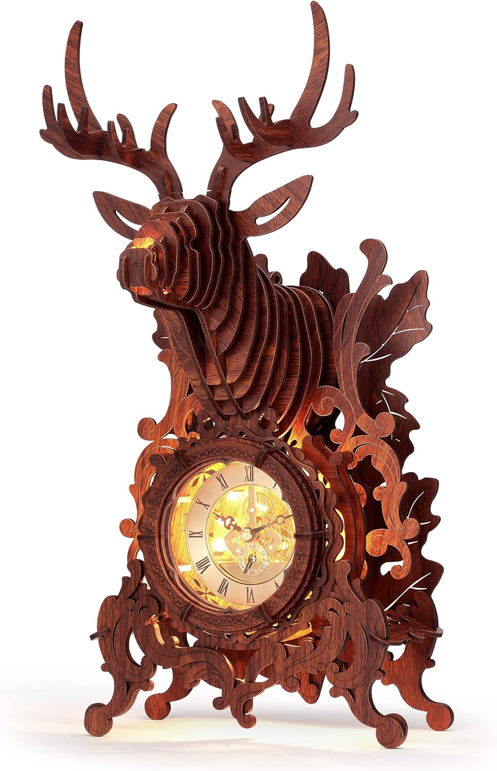 LED 3D Wood Puzzle Deer Clock, 3D Wooden Puzzle Elk Clock Building Model, Home Décor 3D Wooden Puzzle for Adults/Teens Christmas Gift(Wood, Yellow Light)