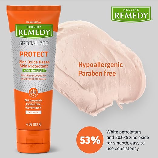 Medline Remedy Specialized Zinc Oxide Paste with Menthol (4 oz Tube), Unscented, Calamine, Incontinence Care, Diaper Rash, Wetness Protection, Hypoallergenic, Paraben Free, Adults, Soothing