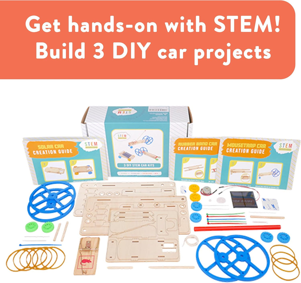 STEM Kit – 3 DIY Car Projects Powered by Rubber Bands, a Solar Cell, and a Mousetrap - STEM Kits for Kids Ages 8-14 – Educational DIY Kit for Classroom, Homeschool, Science Projects, or Gifts