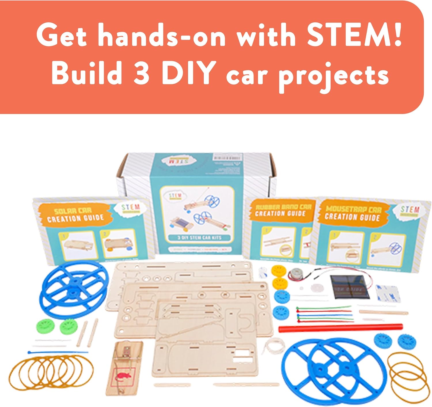 STEM Kit – 3 DIY Car Projects Powered by Rubber Bands, a Solar Cell, and a Mousetrap - STEM Kits for Kids Ages 8-14 – Educational DIY Kit for Classroom, Homeschool, Science Projects, or Gifts