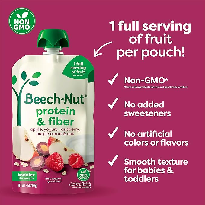 Beech-Nut Baby & Toddler Food Pouches Variety Pack, Protein & Fiber/Iron & Zinc/Prebiotic Fiber Fruit & Veggie Purees, 3.5 oz (18 Pack)