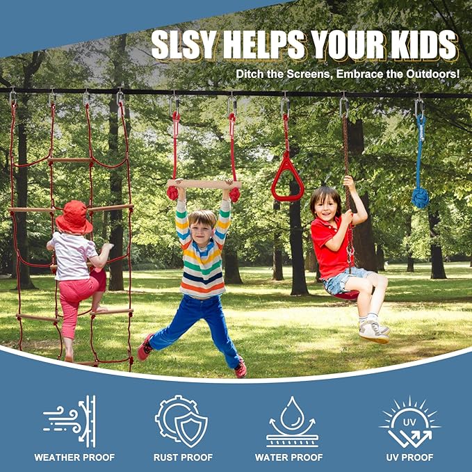 Slsy 60FT Ninja Warrior Obstacle Course for Kids, Complete 13-Obstacle Slackline Kit with Monkey Bar, Swing, Balance Belt, Climbing Ladder & Net, Durable Outdoor Playset Equipment