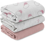 Muslin Swaddle Blankets for Newborn, 3 Pack Breathable Soft Receiving Blanket, Large 38 x 40 inches Swaddle Wrap Burping Clothes Diapers, Essentials Infant Shower Items, Toddler Gift (Clouds & Stars)