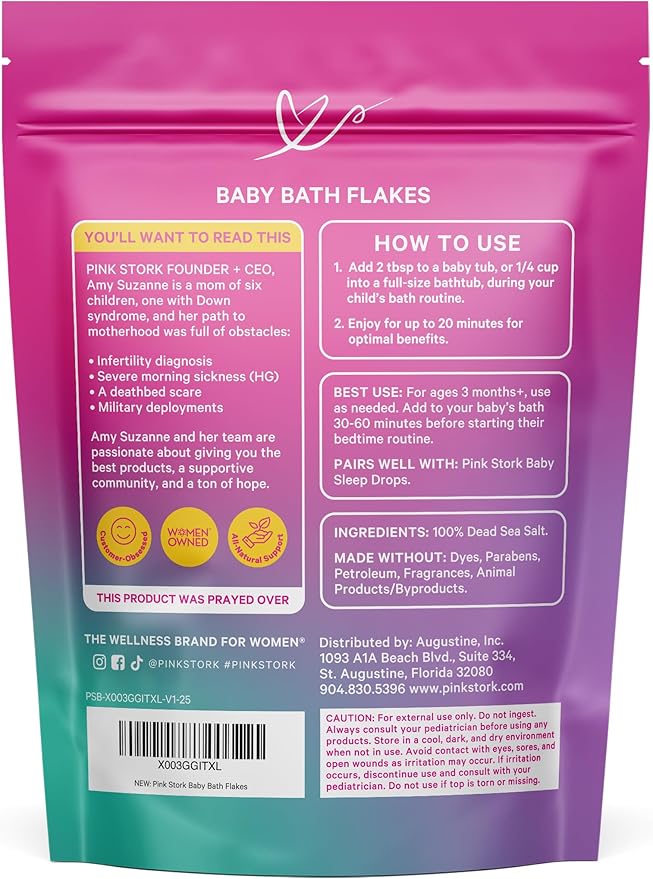 Pink Stork Baby Bath Flakes – Pure Magnesium Chloride Bath Soak for Infants + Toddlers – Fragrance-Free, Non-GMO, No Melatonin – Supports Bedtime Routine, Skin Comfort + Wellness – 16 oz
