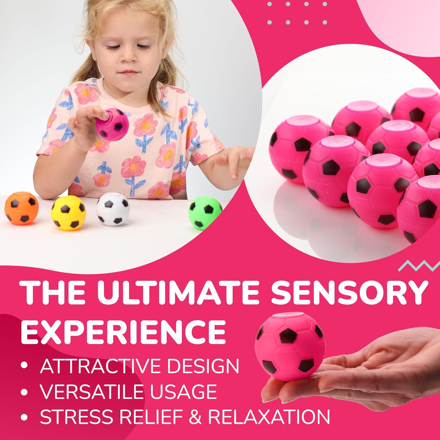 Fidget Spinners 2 Inch Fidget Spinner Balls 12 Pcs Fidget Spinner Pack - Pink Soccer Fidget Spinners for Kids Ball Spinner Fidget Toy - Hand Spinner for Kids Toy Gifts for Kids Easter Basket Stuffers