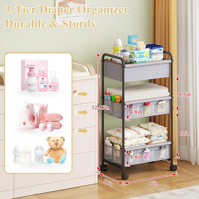 3-Tier Baby Diaper Caddy Cart Organizer with 2 Dividers & 14 Mesh Pockets - Black Mobile Nursery Storage Cart with Wheels, Durable Metal Utility Cart for Nursery, Bedroom, Baby Essentials Organization