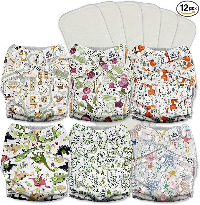 Mama Koala 3.0 Cloth Diapers for Babies with AWJ Lining, 6 Pack with 6 5-Layer Natural Cloth Diaper Inserts - Reusable and Washable Pocket Diapers(A-Happy Fox)