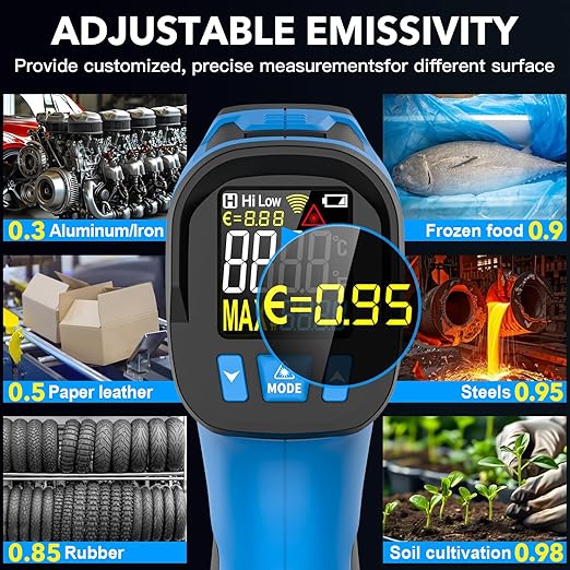 Infrared Thermometer Temperature Gun - TEMIRUP Non-Contact Digital Laser Thermometer Temp Gun with Thermocouple Probe for Industrial, Cooking, Griddle, Engine, HVAC, Adjustable Emissivity,-40℉~1202℉