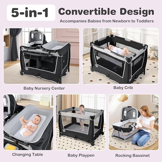BABY JOY 5 in 1 Pack and Play, Portable Nursery Center Baby Playard w/Bassinet & Diaper Changing Table, Infant Bassinet Activity Center with Toys, Music, Oxford Bag for Toddlers (Space Grey, Classic)