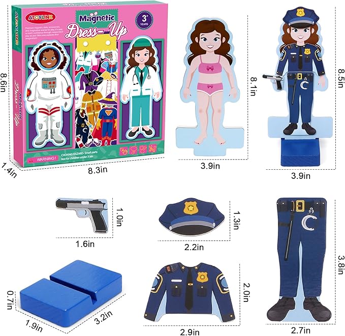 Atoylink Wooden Magnetic Dress up Dolls for Girls Pretend Play Set, Princess/Witch/Occupations Community Helpers Matching Games Fashion Paper Dolls for Toddlers Preschool Learning Toys Gifts