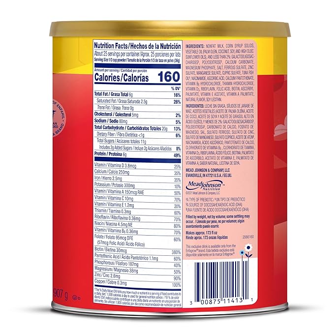 Enfagrow Premium Toddler Nutritional Drink, Made with Real Milk, Brain-Building Omega-3 DHA, Nutrients and Prebiotics for Growth & Immune Support, Non-GMO, Toddler Milk Powder, 32 Oz Can