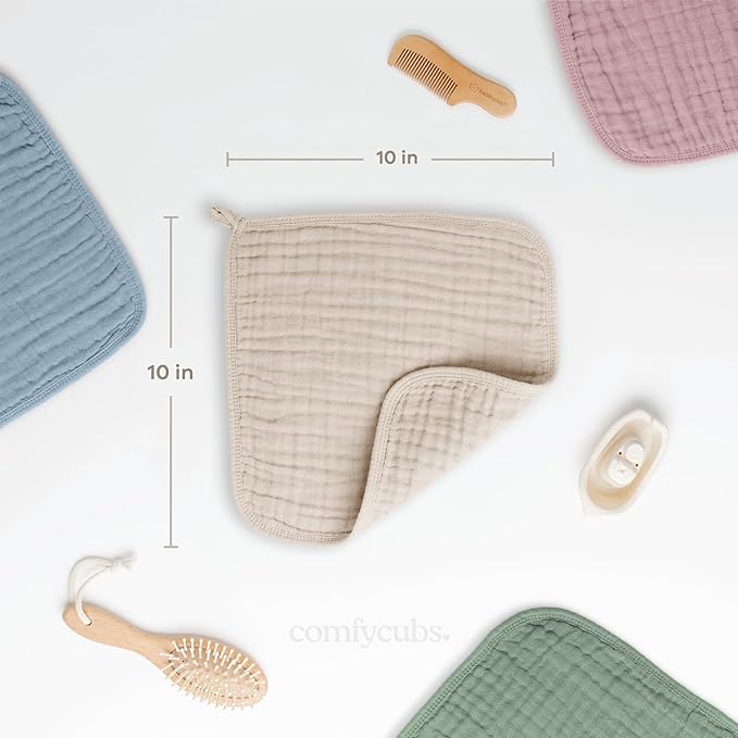 Comfy Cubs Muslin Baby Washcloths 6 Pack - Soft 6-Layer Cotton Wash Cloths for Sensitive Skin - 10"x10" Large, Gentle, Absorbent Infant Essentials for Newborn and Toddlers - Sand