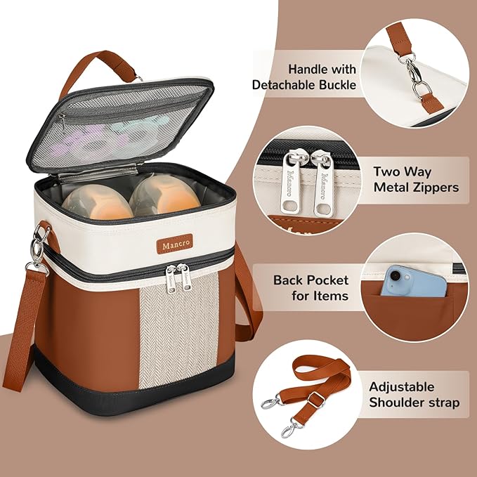 Mancro Breast milk Cooler Travel Bag Fits 6 Bottles Up to 9 Ounces，Double Layer Baby Bottle Cooler Bag with Ice Pack，Insulated Baby Bottle Bags for Daycare & Nursing Moms,Black and Brown