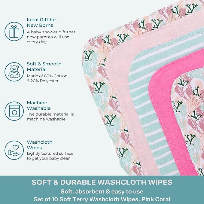 Spasilk 10-Piece Washcloth Set for Newborn Boys and Girls, Soft Terry Baby Washcloths, Baby Essentials, Pink Coral
