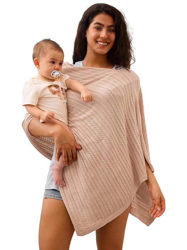 Nursing Cover for Breastfeeding Knit Multi-Use Feeding Shawl Lightweight 360°Full Coverage Nursing Poncho Postpartum Essentials Wheat