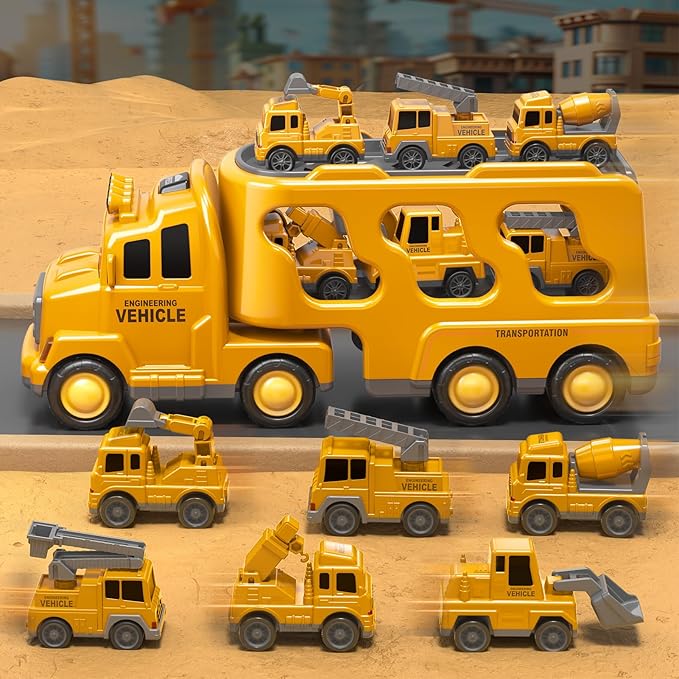 7 in 1 Construction Trucks Cars for Toddlers 3-5, Boy Toddler Car Truck Toys with Light Sound, Birthday Gifts for 3 4 5 6 Year Old Boy