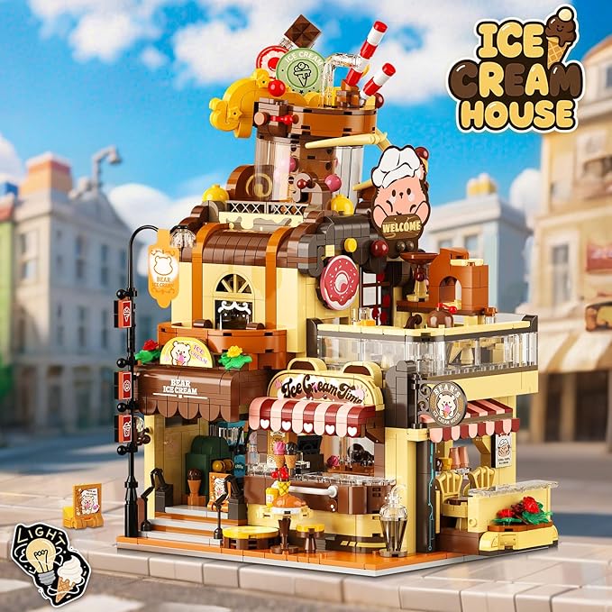 City Ice Cream House Building Set with Lights, 1377 PCS Dessert Shop Building Block Toy with Chocolate Sundae Cone, Sweet Workshop Construction Model for Adults Teens Kids Boys Girls Ages 12+