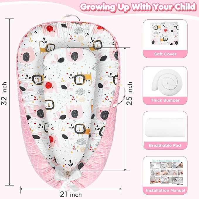 KISS GOLD Baby Lounger - Breathable Soft Cotton Cover Lounger Nest, Babies Essentials Gifts, Portable Infant Lounger for Baby Tummy Time Floor Playing Seated Support for Home and Travel