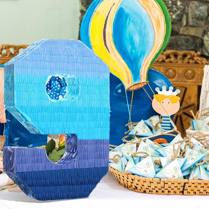 Sratte Number 1 2 3 4 5 6 7 8 9 Piñata with Stick Blindfold Confetti, Gradient Blue Piñata for Kids Boys Girls Birthday Party Anniversary Decorations Supplies(Number 9)