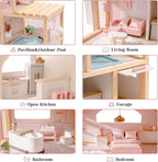 ROBOTIME Wooden Dollhouse, Doll House with 29 Pieces Furniture Set - Pool and Elevator, Wooden Doll House for 4, 5, 6-Inch Dolls, 6 Rooms Pink Dollhouse Gift for Kids Girls Ages 3+ (Pink)