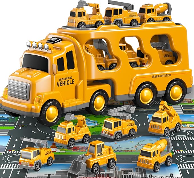 8 in 1 Construction Trucks Cars Toys for Toddlers 3-5, Boy Toddler Car Truck Toys with Playmat and Light Sound, Birthday Gifts for 3 4 5 6 Year Old Boy
