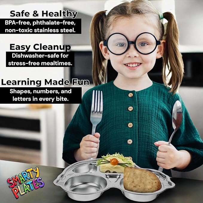 Stainless Steel Plates for Kids, Toddler Plate, Non Toxic Baby Dinnerware, BPA-Free Feeding Tray, Durable, Easy to Clean, Compatible with Dishwasher, Freezer, Microwave