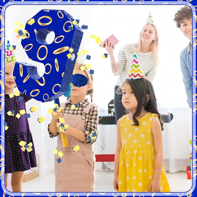 Number 9 Blue and Golden Rings Piñata for Kids Birthday Cartoon Theme Small Piñata with Blindfold Stick Confetti for Fiesta Cinco De Mayo Party Decor, 15.8 x 11 x 2.8 Inch