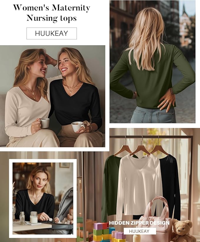 Huukeay 3 Pack Women's Long Sleeve Nursing Tops, Breastfeeding Hidden Zippers Shirts V Neck Maternity Pregnancy Tees Clothes