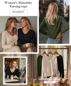 Huukeay 3 Pack Women's Long Sleeve Nursing Tops, Breastfeeding Hidden Zippers Shirts V Neck Maternity Pregnancy Tees Clothes