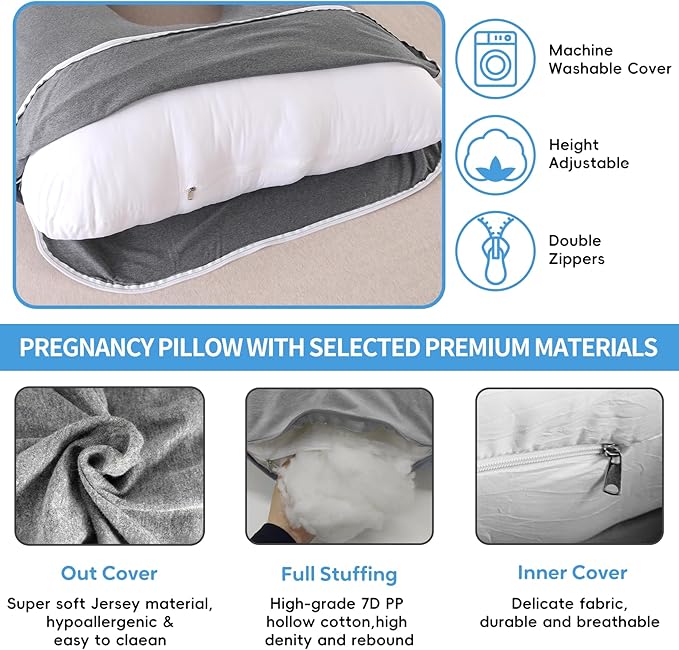 U-Shaped Pregnancy Pillow for Sleeping, Full Body Support for Back, HIPS & Belly -65 Inch Maternity Pillow with Machine Washable Cover | Maternity Essential (Jersey Knit Cotton Gray- 65inch)