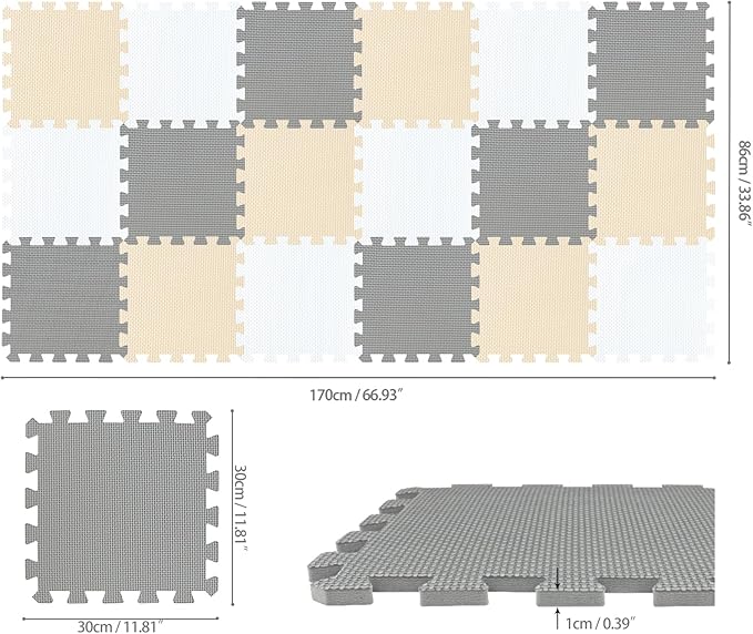 qqpp EVA Rubber 18 Tiles Interlocking Puzzle Foam Floor Mats - Baby Play Mat for Playing | Exercise Mat for Home Workout. White, Beige, Gray. QC-AJLb18N