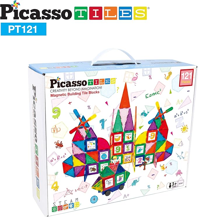 PicassoTiles 121 pc Master Builder Magnetic Building Block Construction Set Magnet Tiles Blocks with Car Truck, 2 Character Action Figures, 28 Educational Alphabet Animal and Number Graphics, Windmill