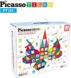 PicassoTiles 121 pc Master Builder Magnetic Building Block Construction Set Magnet Tiles Blocks with Car Truck, 2 Character Action Figures, 28 Educational Alphabet Animal and Number Graphics, Windmill