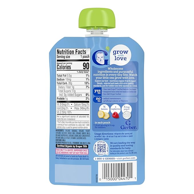 Gerber Toddler Food, Organic Banana Raspberry Yogurt with Vanilla Puree Pouch, Toddler Pouches, No Added Sweetener, No Artificial Colors or Flavors, 12-Pack