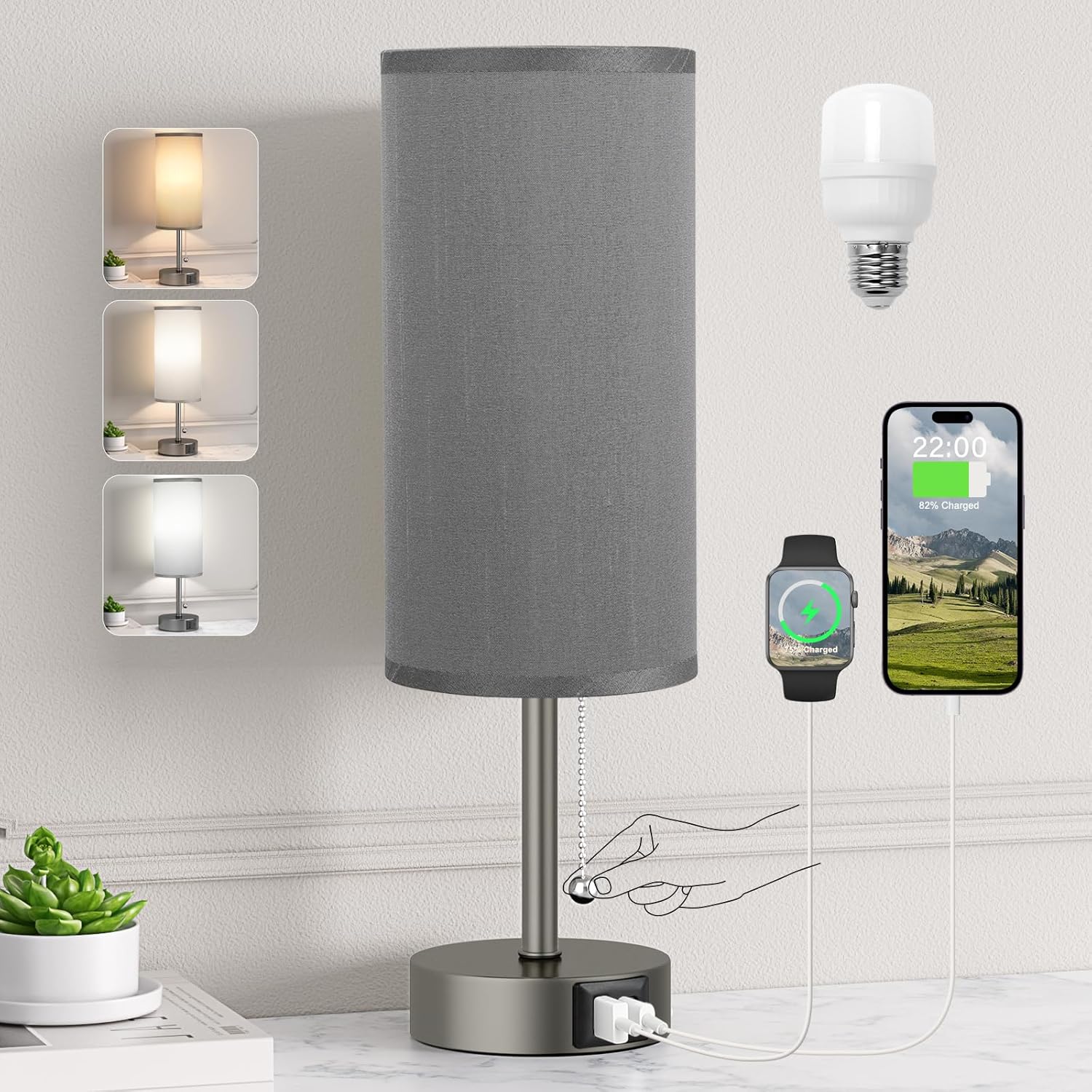 Grey Bedside Lamp for Bedroom Nightstand - Small Table Lamp with USB A + C Charging Port, 3 Color Temperatures Pull Chain Night Stand Light, Side Table Desk Reading Lamp for Living Room/Study Room