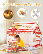 Kids Play Tent, Toddler Tent for Kid Indoor & Outdoor, 48.5"x39.4"x48.5" Playhouse Tent Burger Theme with Complete Toys Set, 3 Window, Lights and Balloons