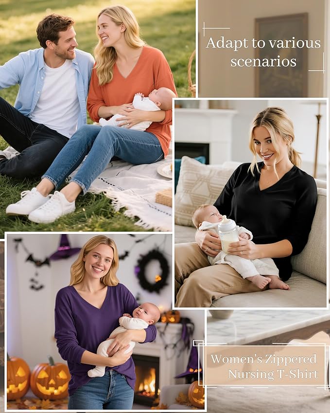 3 Pack Women's Oversize Nursing Shirts for Breastfeeding with Hidden Zippers Loose Fit Long Sleeve Maternity Tops