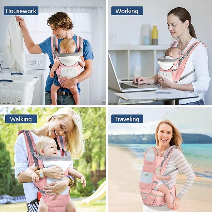 Baby Carrier with Hip Seat, Ergonomic M Position 6in1 Baby Carrier Newborn to Toddler,Head Support and Breathable Mesh Newborn Carrier,Adjustable Baby Holder Carrier for Dad&Mom-Pink