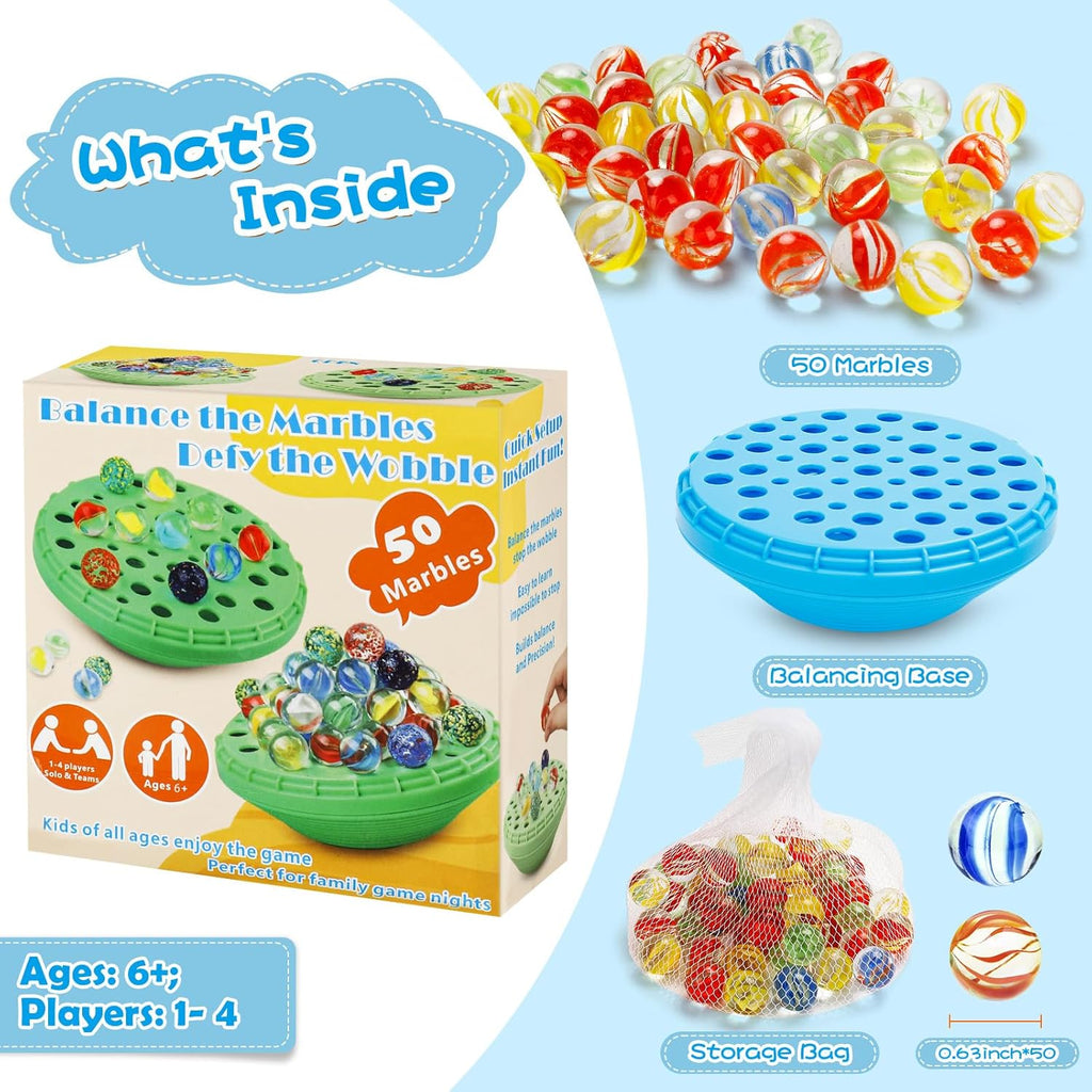Marble Balance Game - 50 Colorful Marbles with Built-in Storage, Fun Family Challenge for 1-4 Players, Educational Toy for Kids & Adults, Perfect for Parties, Travel & Birthday Gifts (Blue)