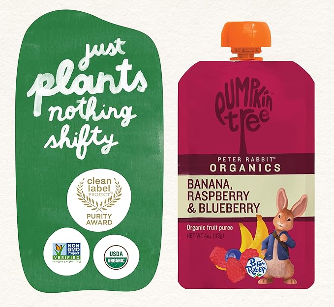 Pumpkin Tree Peter Rabbit Organics, Organic Raspberry, Banana and Blueberry 100% Pure Fruit Snack, 4 oz. Squeeze Pouches (Pack of 10)