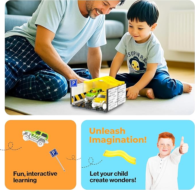 PicassoTiles Magnetic Tiles Race Car Track Kit Parking Garage Expansion Pack with 2 Cars Magnet Tile Building Blocks Educational Toy Learning Kit Pretend Play Construction Set Kids Child Ages 3+ PTR07