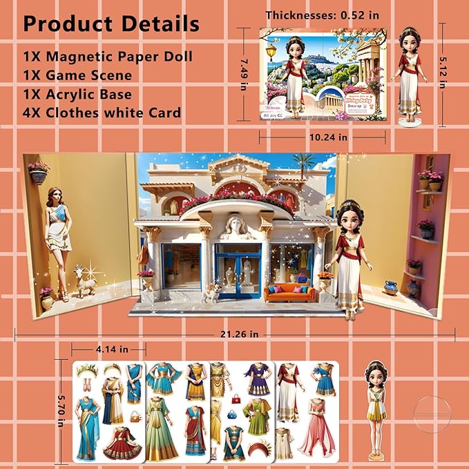 Yuzee Paper Dolls Stickers - Magnetic Dress Up Dolls for Girls - Toddler Travel Toys - 1 Paper Doll and 33 Clothing Accessories with 3D Magnetic Game Scene, Foster Creativity and Imagination
