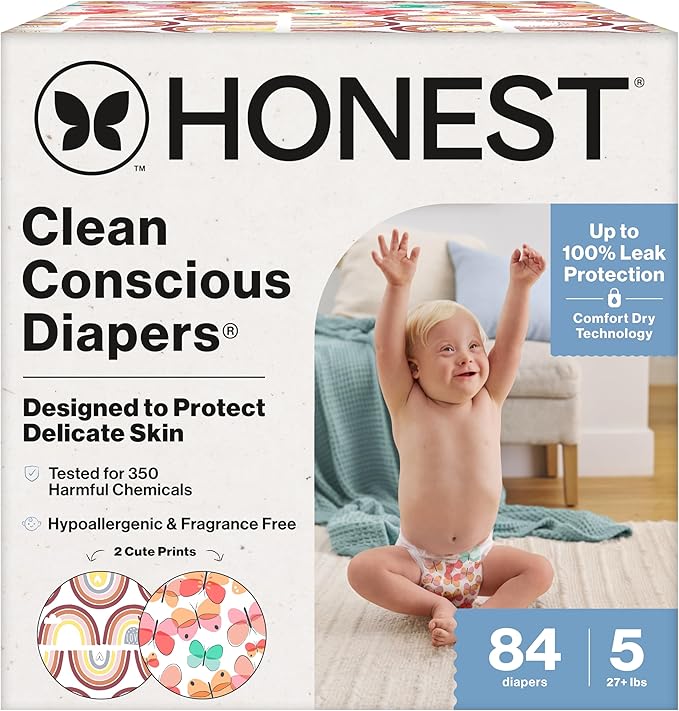 The Honest Company Clean Conscious Diapers for Delicate Skin | Up to 100% Leakproof | Hypoallergenic, Fragrance Free | Girl Prints | Super Club Box, Size 5 (27+ lbs), 84 Count (Prints May Vary)