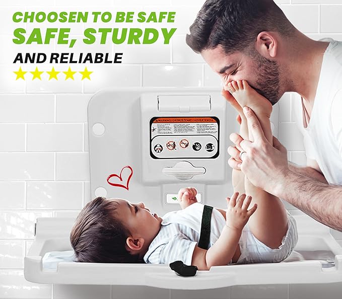 Alpine Wall Mounted Baby Changing Station - Horizontal Baby Changing Table Foldable Diaper Tables with Safety Strap for Commercial Bathroom, ADA Complaint (Hardware Included) White Gray