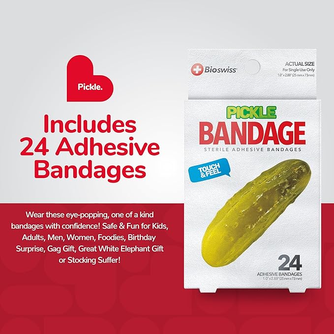 BioSwiss Bandages, Pickle Shaped Self Adhesive Bandage, Latex Free Sterile Wound Care, Fun First Aid Kit Supplies for Kids, 24 Count
